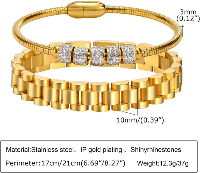 MPRAINBOW 2pcs 18K Gold Plated Chain Link Bracelet, Stainless Steel Crystal Friendship Bracelets Bangle,Watch Band Chains Wristband Jewelry with Adjust Tool - Image 2
